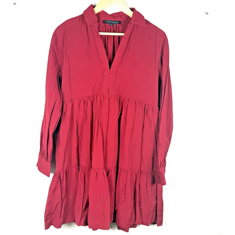 English Factory Burgundy Tiered‎ Mini Dress Small Cottagecore Babydoll Holiday